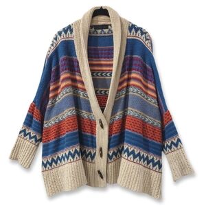 Southwestern Knit Toggle Front Cardigan Sweater 3/4 Sleeves Oversized, One Size